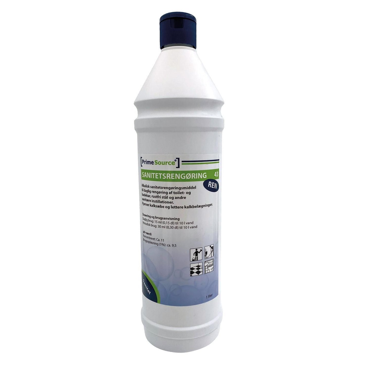 Sanitetsrengøring Prime Source Ren 43 Alkalisk med Farve/Parfume 1 ltr Blå,1 ltr/fl