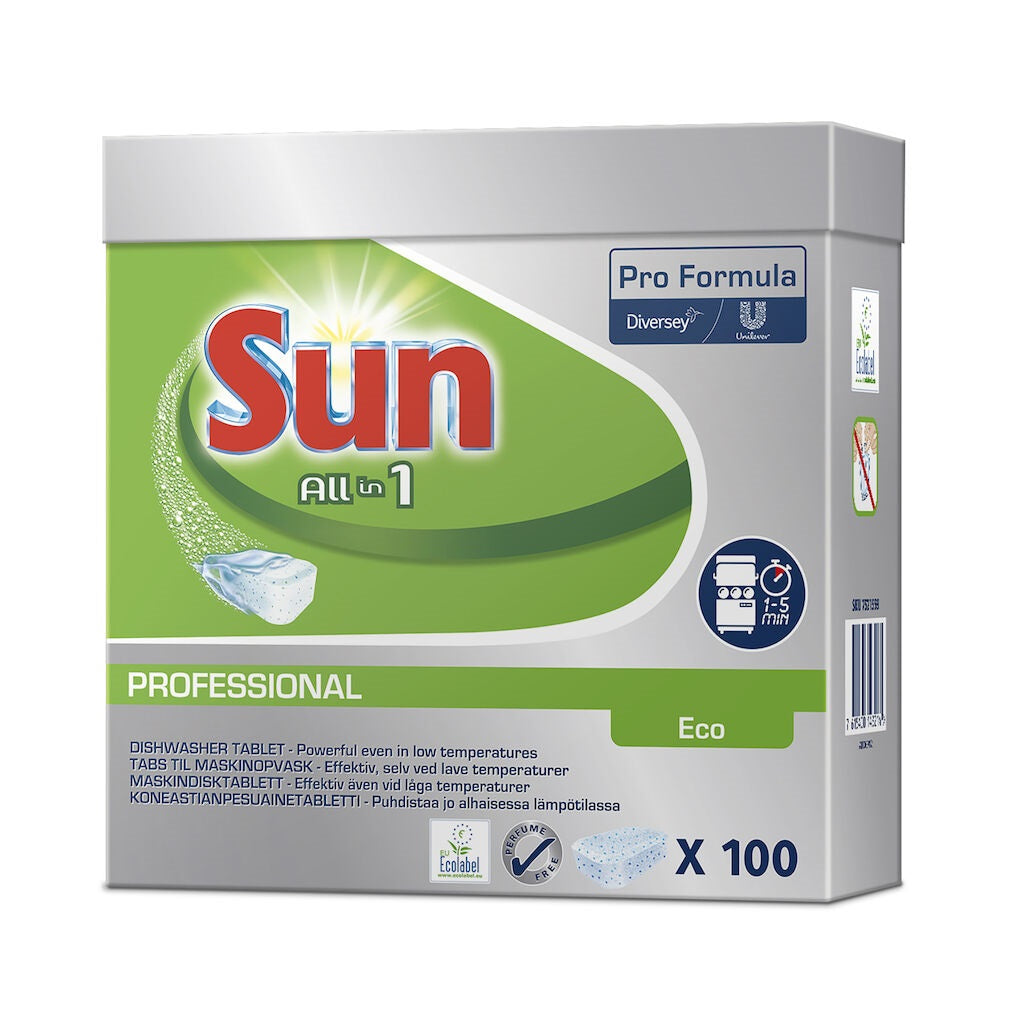 Maskinopvask Tabs Sun Pro All in 1 Eco 100 stk Ecolabel m. Salt/Afsp. Opløselig,100 stk/bk