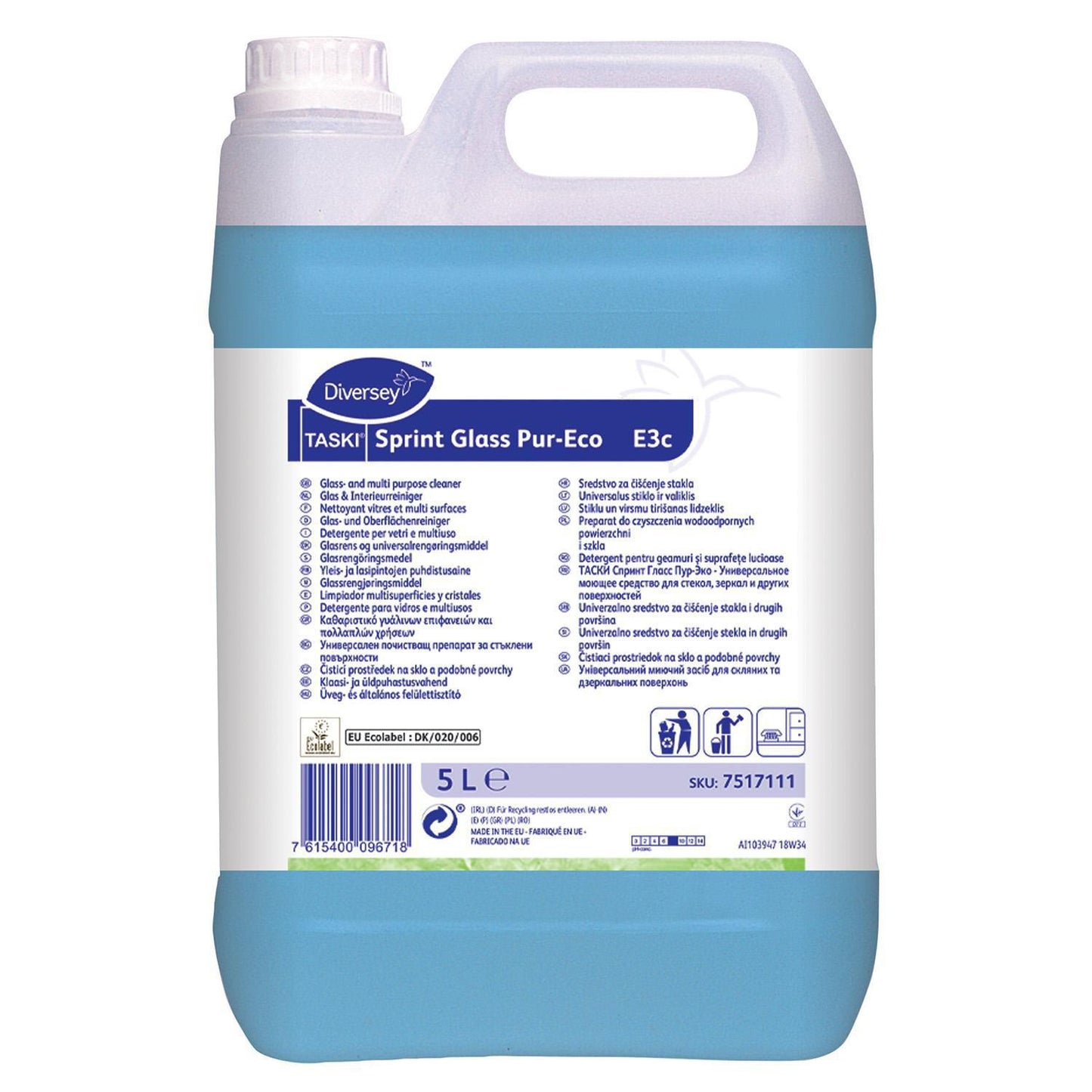 Glasrens Sprint Glass Pur-Eco med Parfume/Farve Ecolabel 5 ltr Blå,5 ltr/dnk