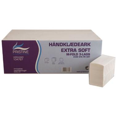 Håndklædeark Pristine Extra Soft M-Fold 3-lag L32xB20.6xD8cm Nyfiber Hvid,25 pk x 100 stk/krt