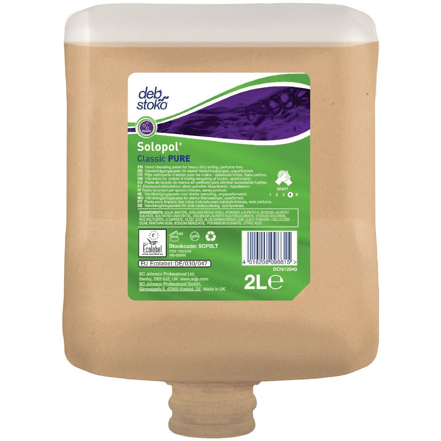 Håndrens Solopol Classic PURE Heavy 2ltr Ecolabel med Aloe Vera Brun t Olie/Fedt,2 ltr/fl