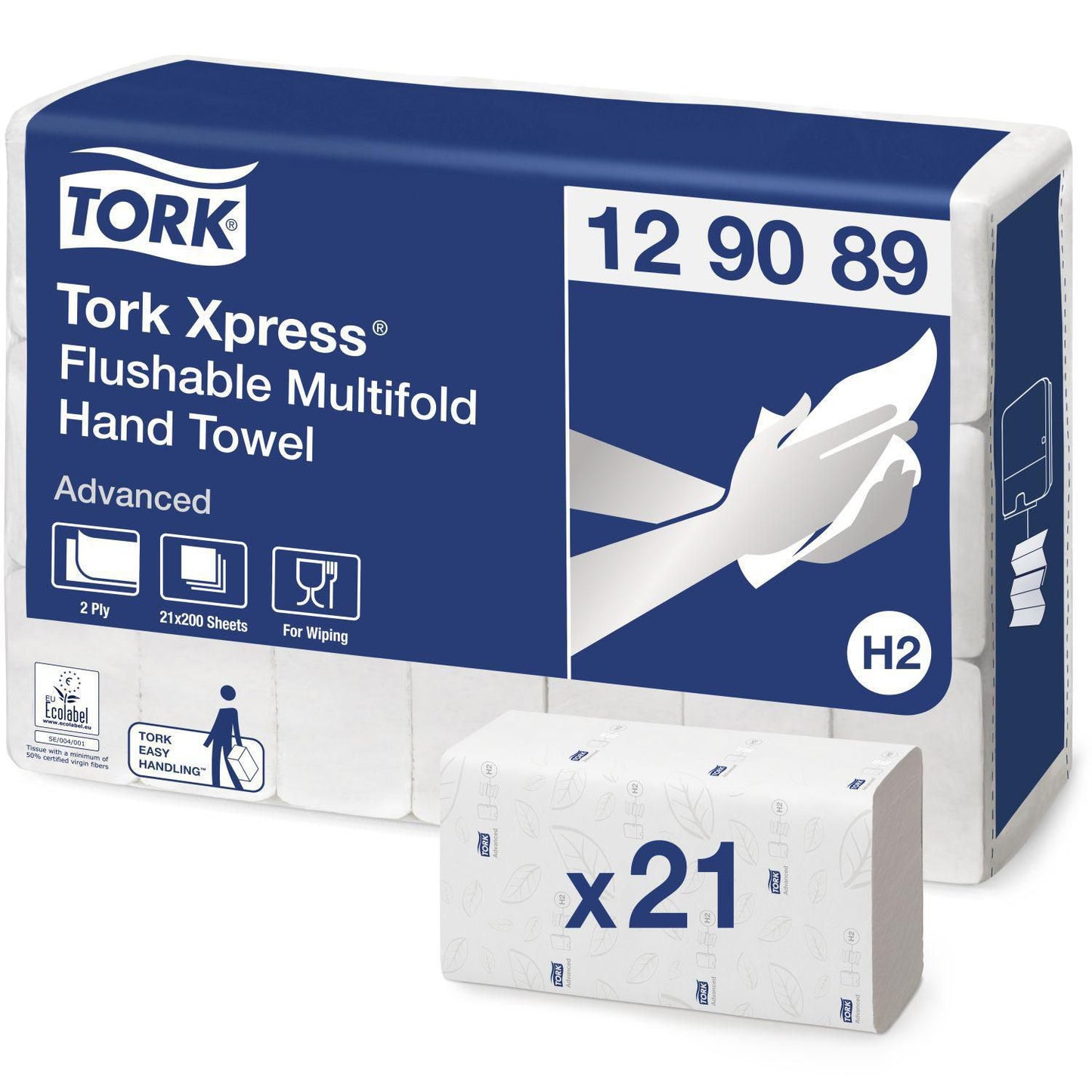 Håndklædeark Tork Advanced H2 Z-Fold 2-lag L24xB21.3xD8cm Nyfiber Hvid Flush,21 pk x 200 stk/krt