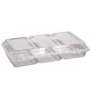 Smørrebrødsbakke 3-rum 245x145x45 mm Hængslet låg APET Klar,300 stk/krt