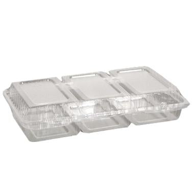 Smørrebrødsbakke 3-rum 245x145x45 mm Hængslet låg APET Klar,300 stk/krt
