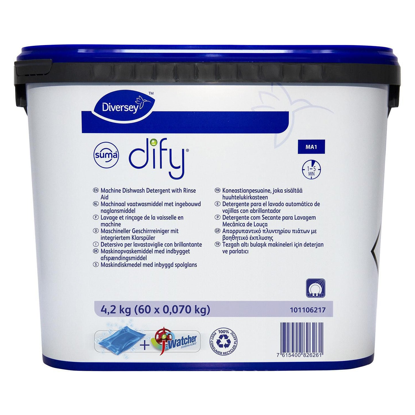 Maskinopvask Tabs Suma DIFY MA1 60 stk med Klor/Afspænding/J-Watcher Opløselig,4.2 kg/krt