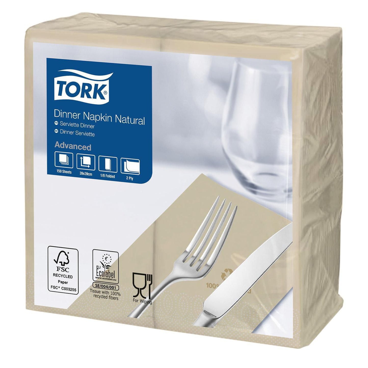 Serviet Tork 39x39cm 2-lag 1/8-fold Natur,12 pk x 150 stk/krt