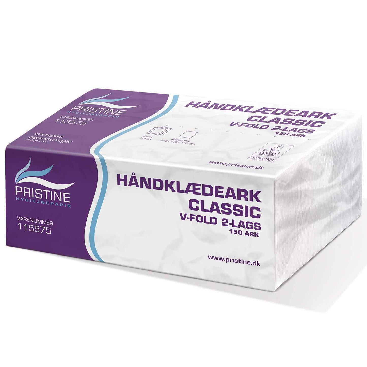 Håndklædeark Pristine Classic V-Fold 2-lag L25xB22xD11cm Genbrug Natur,20 pk x 150 stk/krt