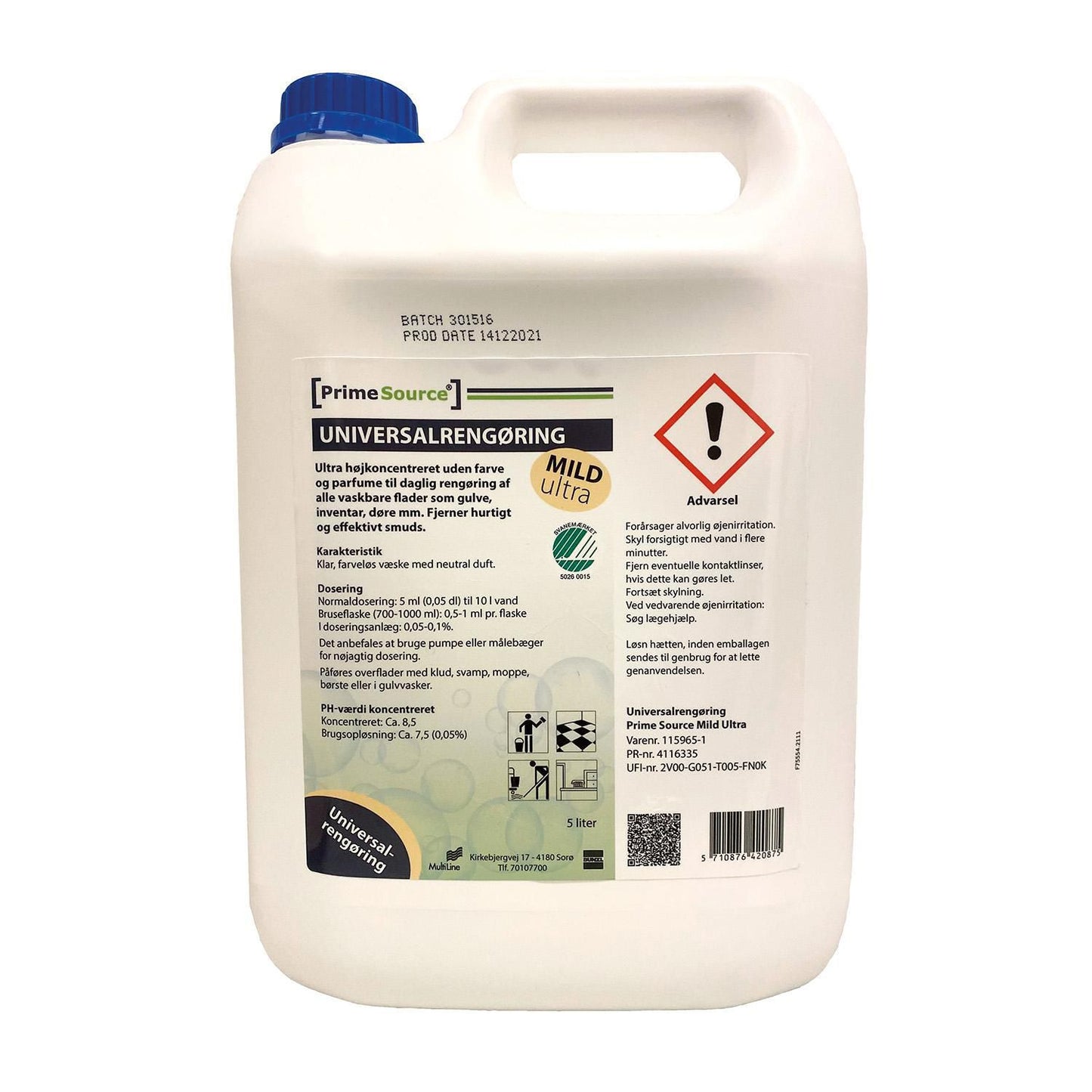 Universalrengøring Prime Source Mild Ultra 5ltr Svanemærket u. Parfume Højkonc.,5 ltr/dnk