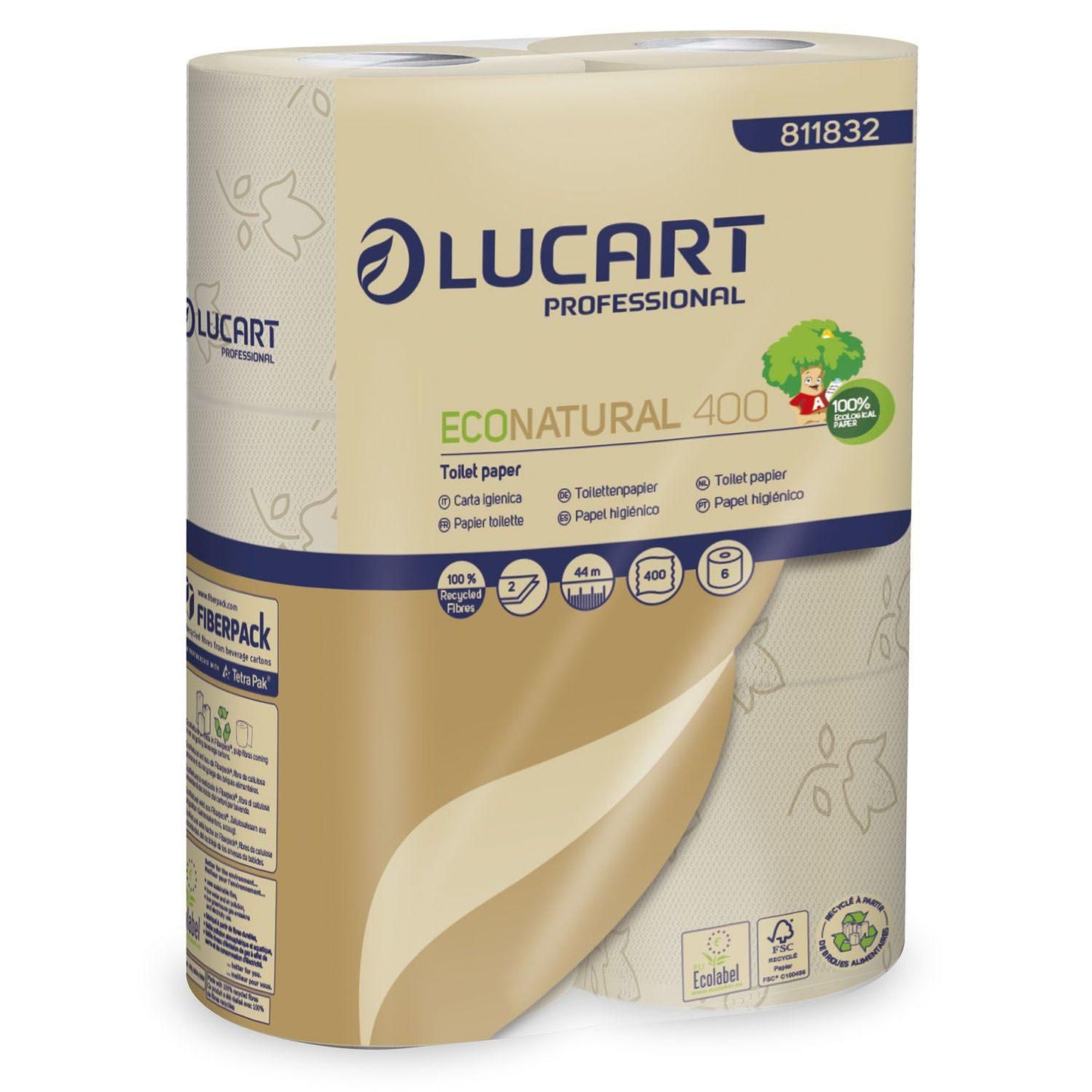 Toiletpapir Lucart EcoNatural 2-lag Ø12cm L44mxB9.6cm Genbrugsfiber Natur,5 pk x 6 rl/krt