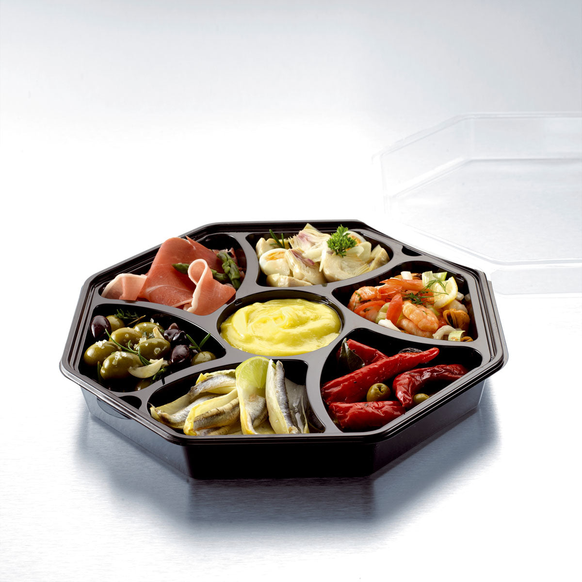 Plastbakke, Octaview 1800 ml, sort, PS, med hængslet låg, (75 stk/krt)