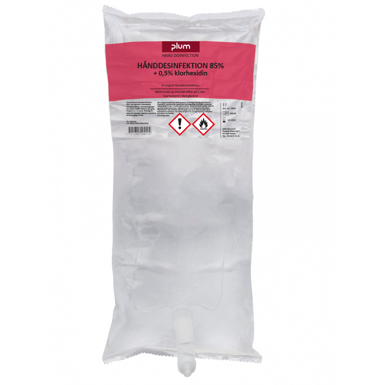 Hånddesinfektion Flydende Plum Kirurgisk 85% ethanol +0.5% klorhexidin 1ltr Pose,6 ps x 1 ltr/krt
