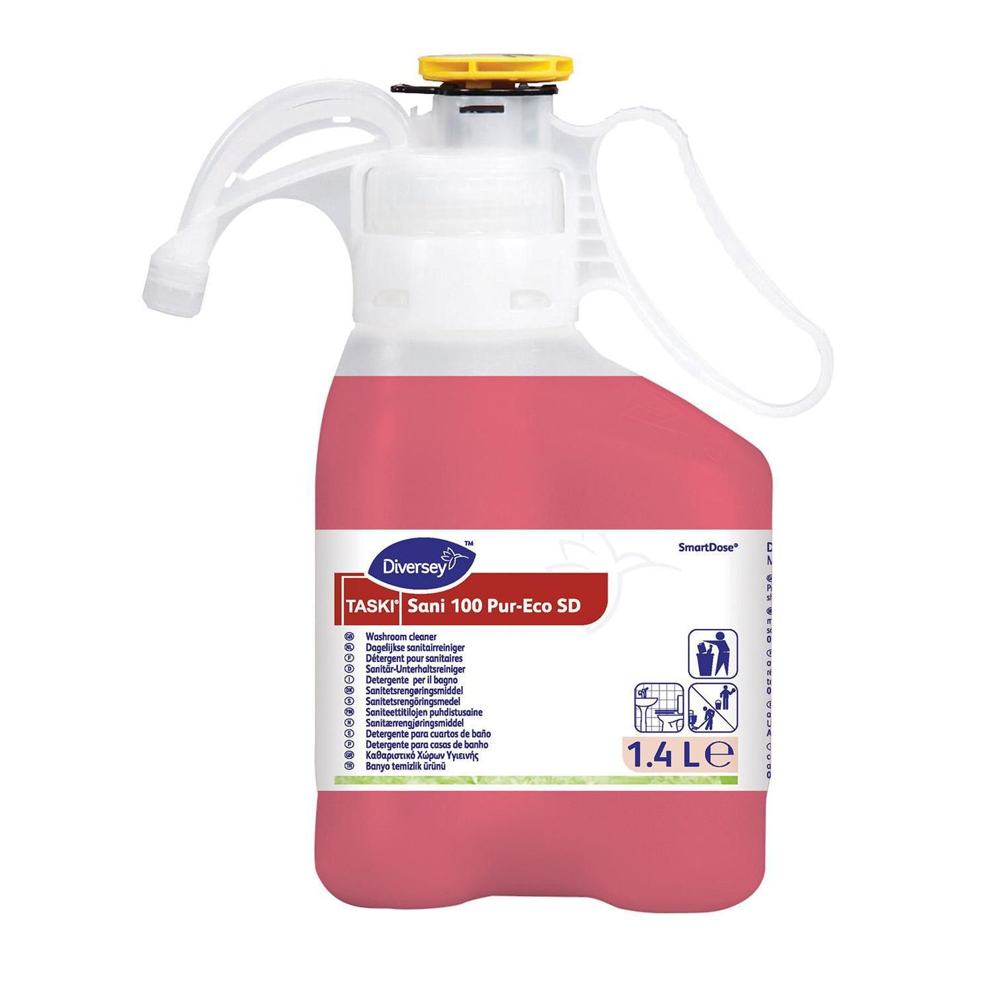Sanitetsrengøring Sani 100 Pur-Eco SmartDose Blomst m Farve/Parfume 1.4 ltr rød,1 fl x 1,4 ltr/krt