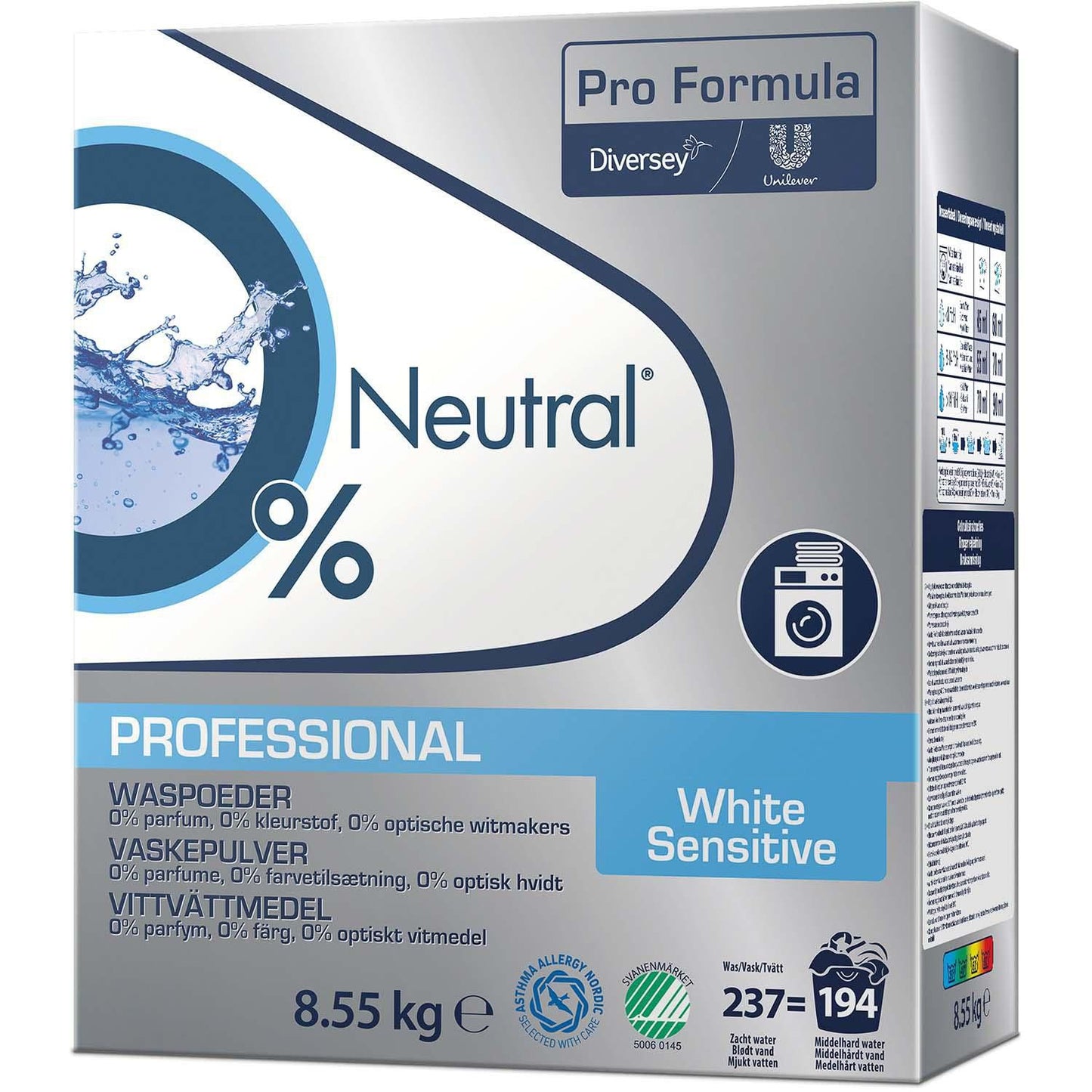 Vaskepulver Neutral Proffessional White Sensitive Svanemærket u/Parfume 8.55 kg,8,55 kg/krt