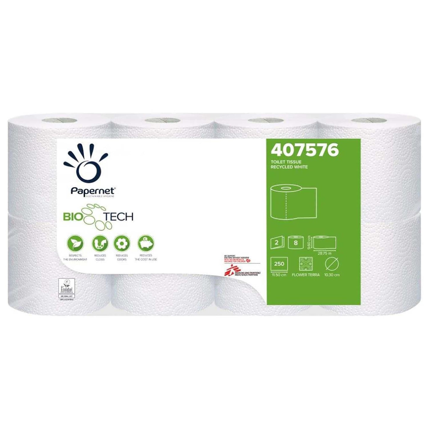Toiletpapir Papernet Biotech 2-lag genbrugsfiber 28,75 m 8x8 rl,8 pk x 8 rl/krt