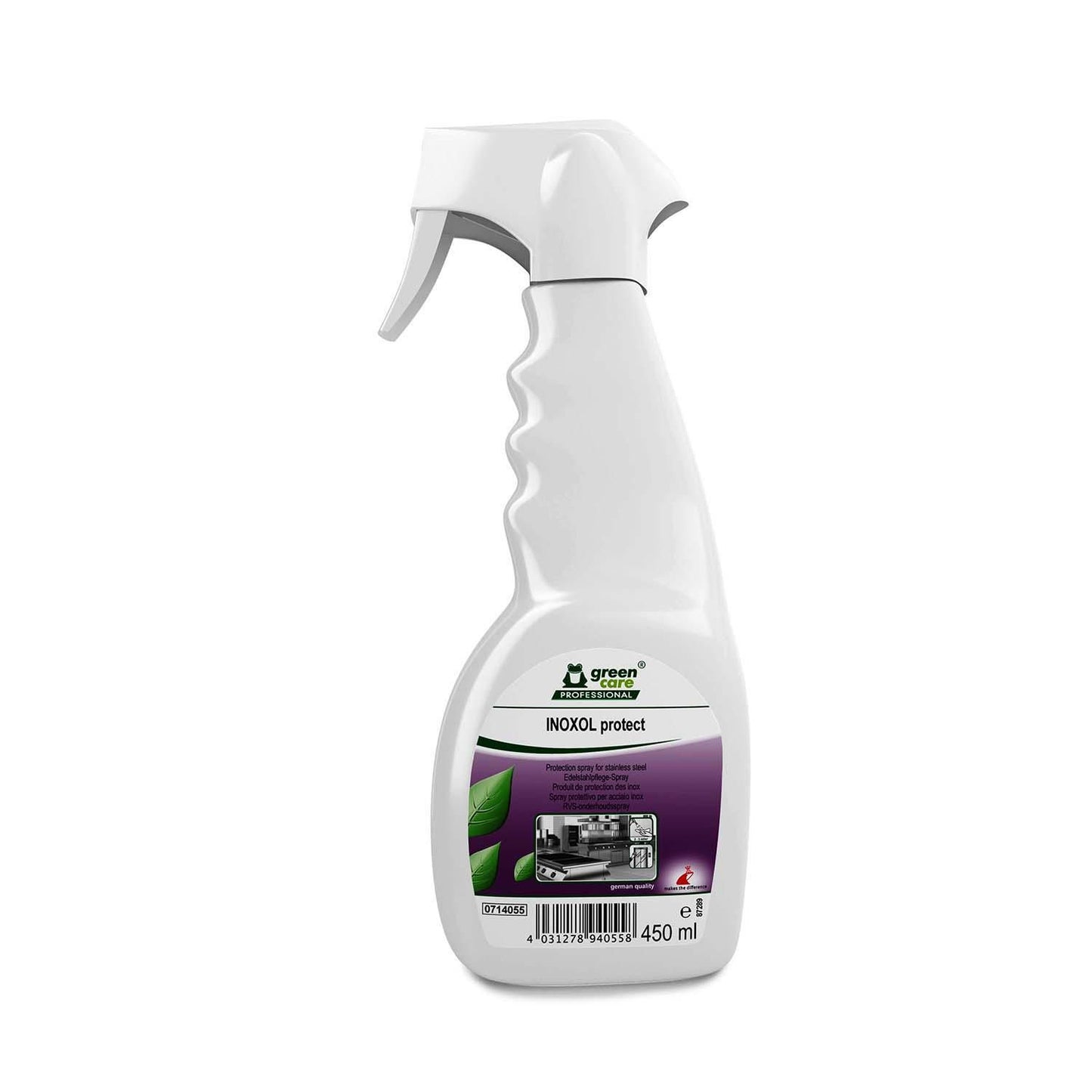 Stålpleje Inoxol Protect 450ml med Spray til rengøring og pleje af rustfrit stål,6 fl x 450 ml/krt