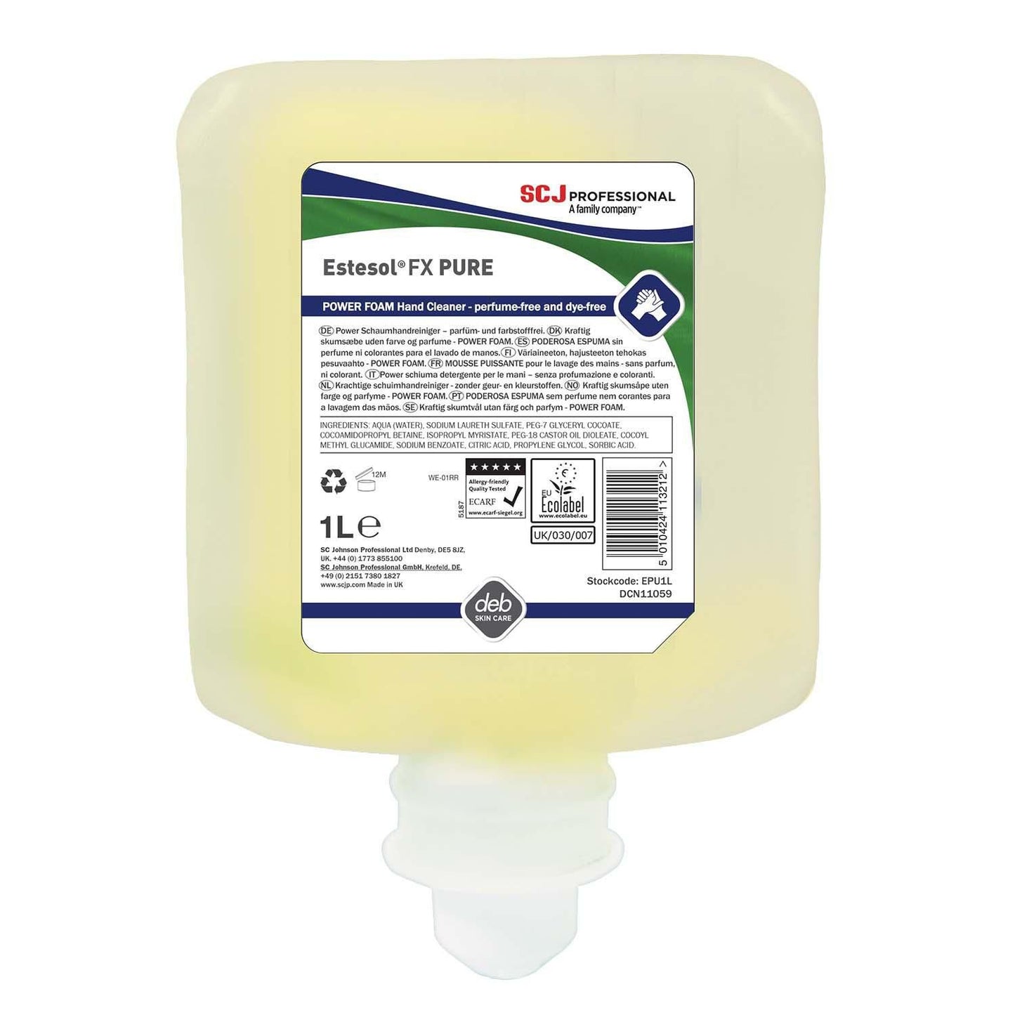 Skumsæbe Estesol FX Pure ekstra kraftig uden farve og parfume t dispenser 1 ltr,1 ltr/fl