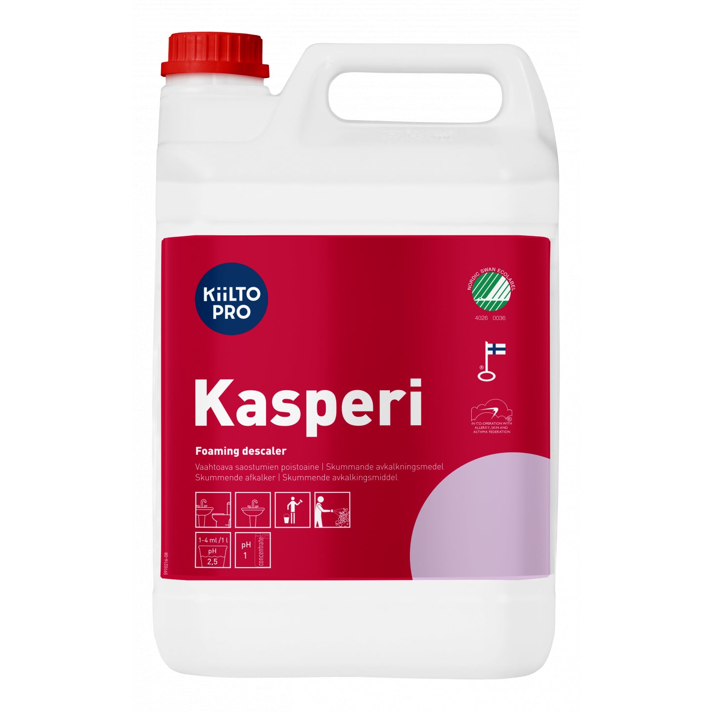 Kalkfjerner Stærkt surt Kiilto Kasperi 5ltr Svanemærket uden Farve/Parfume,3 dnk x 5 ltr/krt