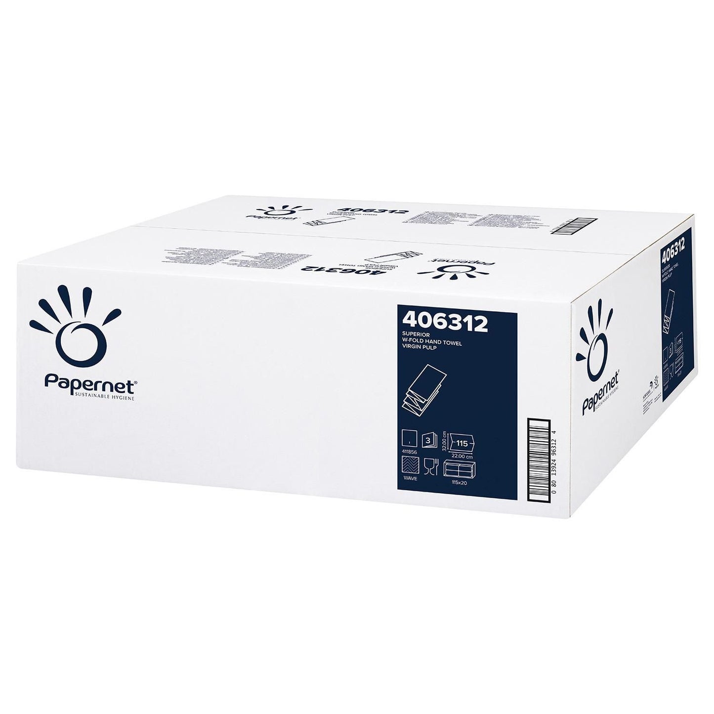 Håndklædeark Papernet Standard W-Fold 3-lag L32xB22xD8cm Nyfiber Hvid,20 x 115 stk/krt