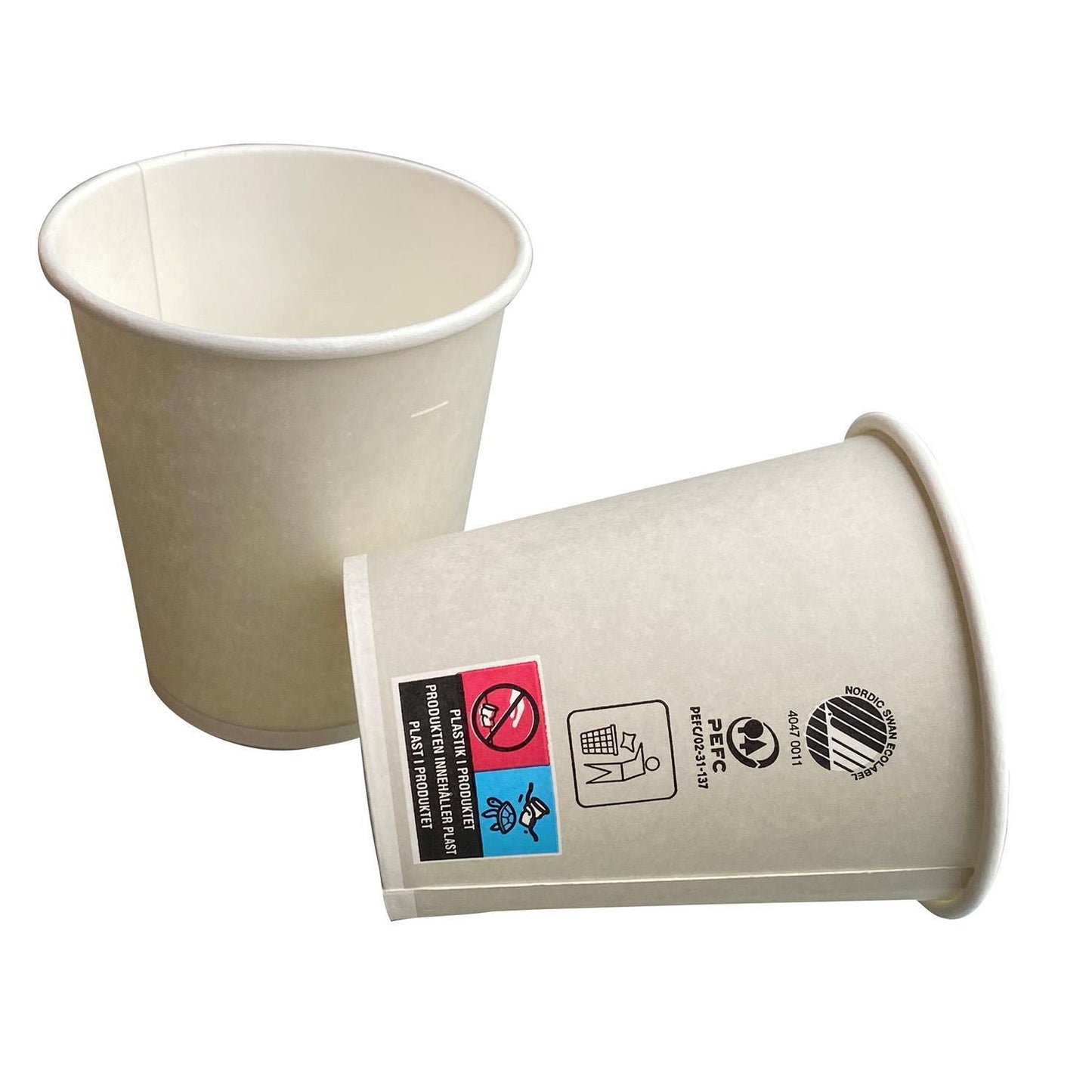 Kaffebæger Pap Ø80xH90mm 25cl 8oz Svanemærket Single Wall Hvid Catersource,80 stk/ps
