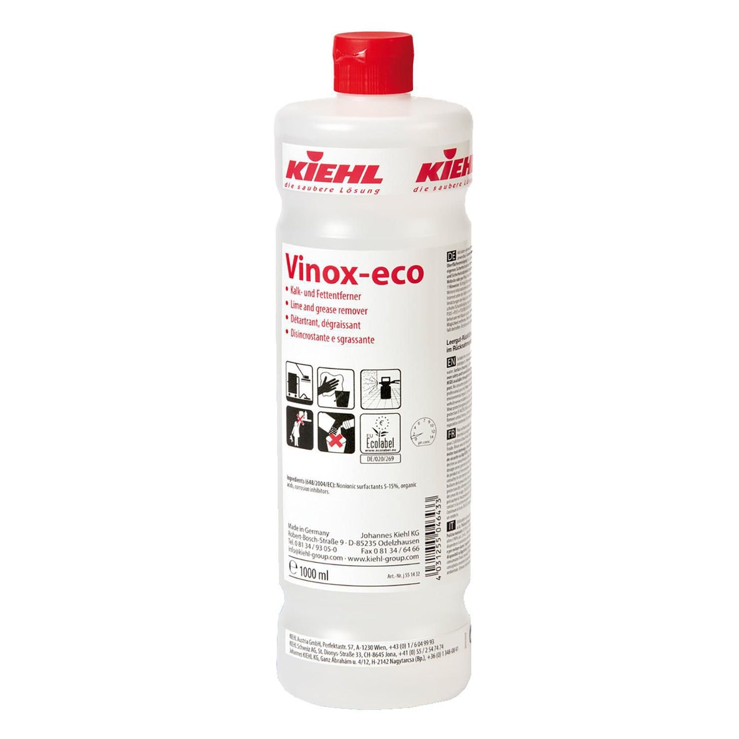 Kalk- og fedtfjerner Surt Vinox-Eco 1ltr Ecolabel uden Farve/Parfume til køkken,6 fl x 1 ltr/krt