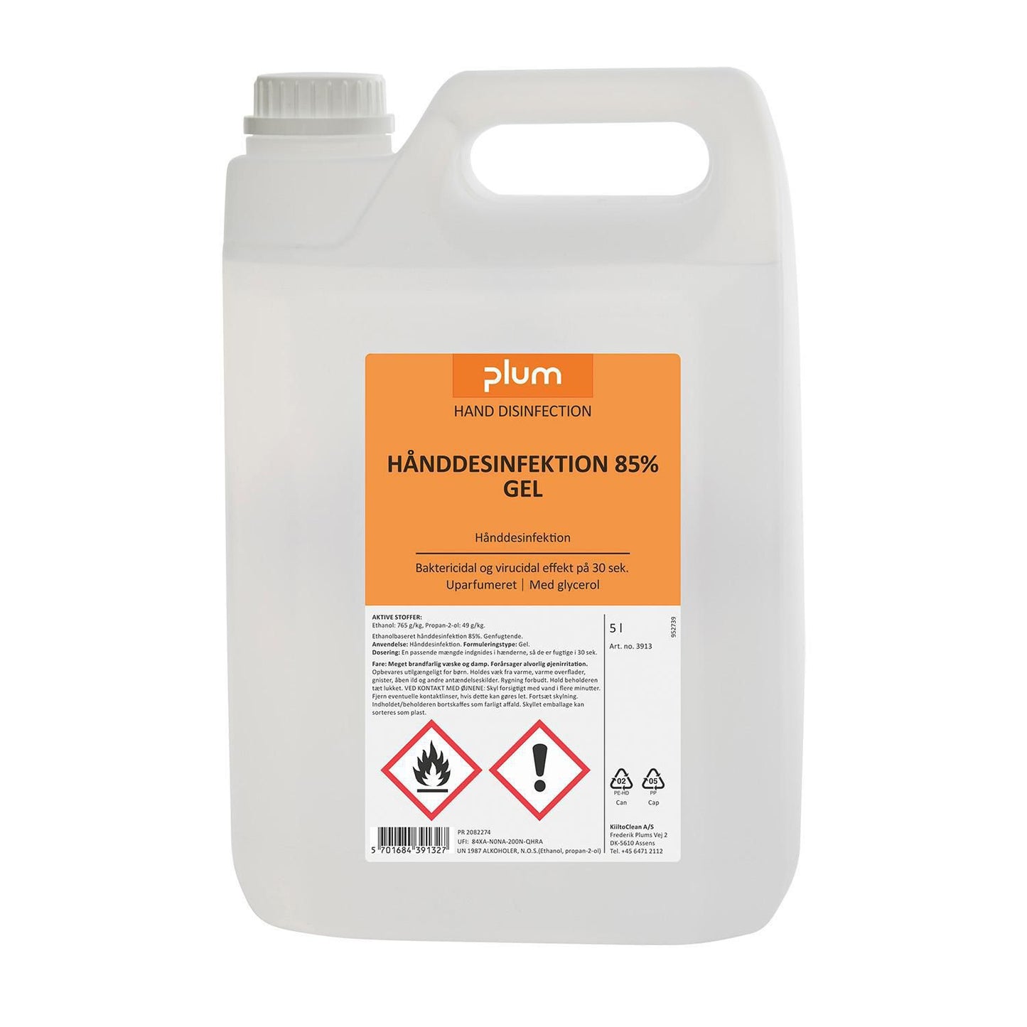 Hånddesinfektion Gel Plum 85% ethanol 5ltr med Glycerol uden Parfume,3 dnk x 5 ltr/krt