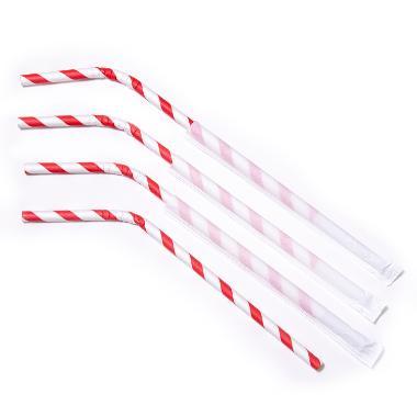 Sugerør Ø6x245 mm med knæk enkeltpakket Bionedbrydelig Papir Rødstribet,500 stk/ps