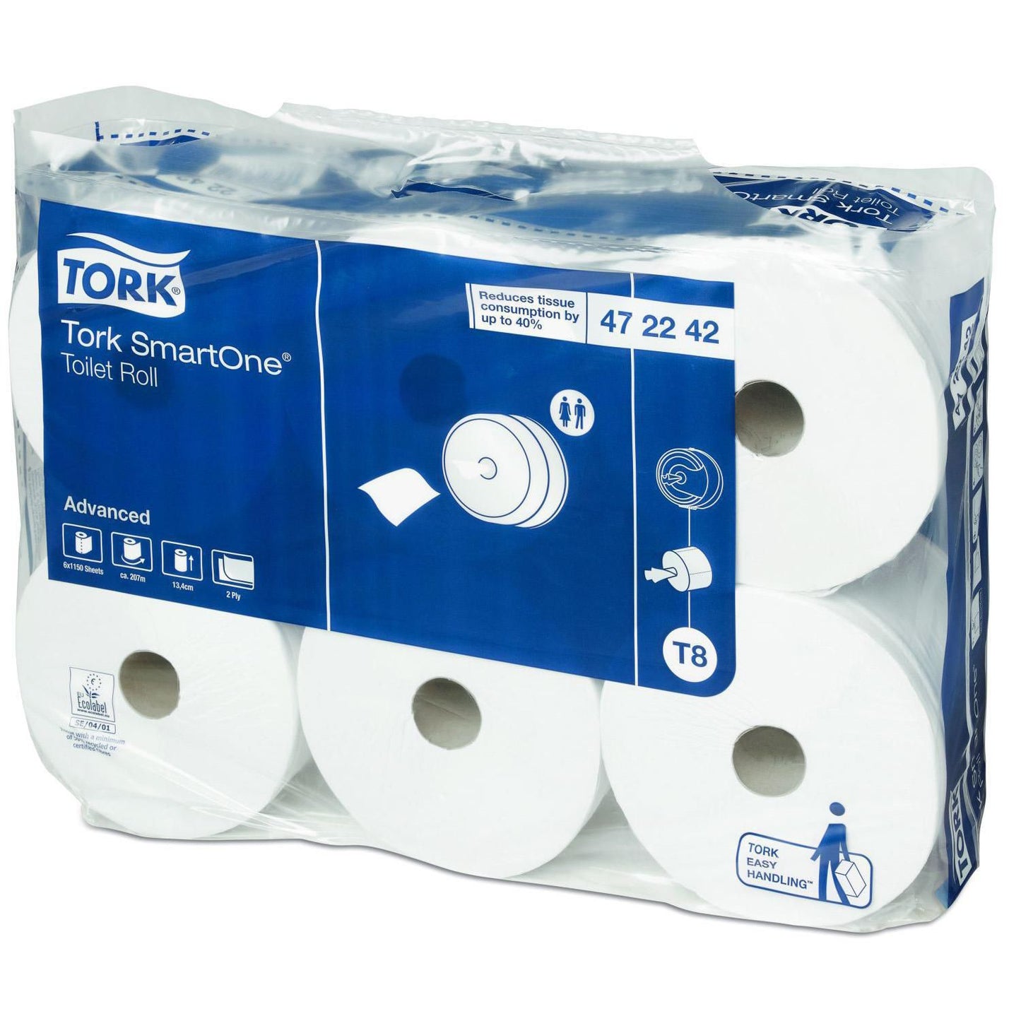Toiletpapir Tork SmartOne T8 2-lag 207m Hvid,6 rl/krt