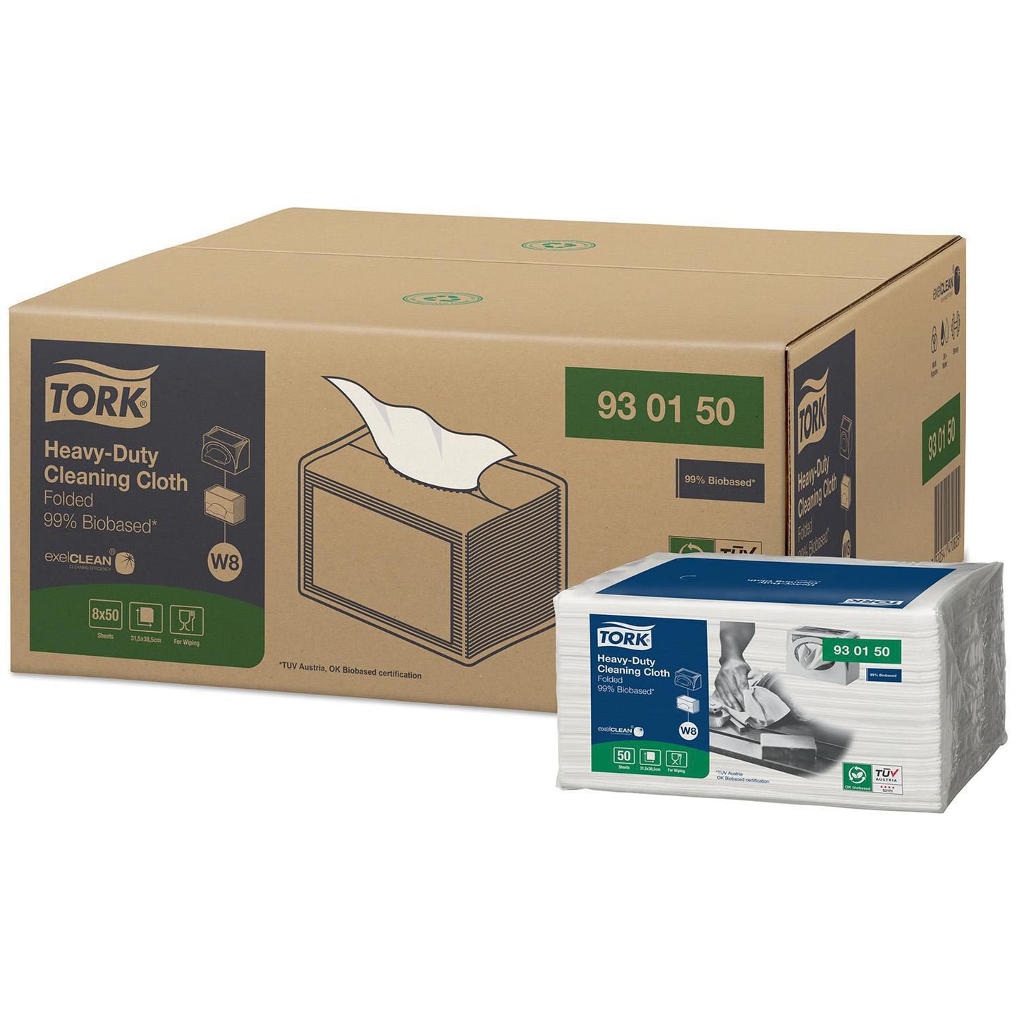 Aftørringsklud Tork W8 biobaseret kraftig 31,5x38,5cm Hvid,8 pk x 50 stk/krt