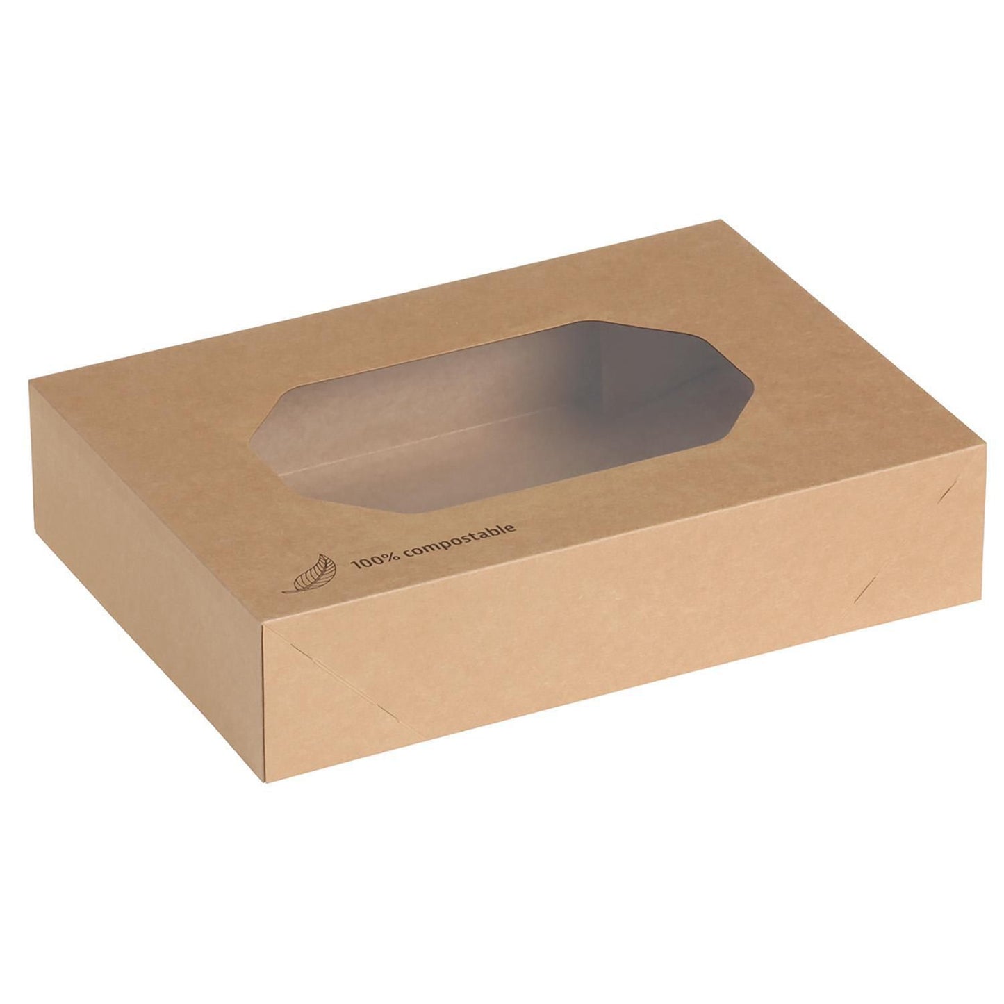 Kageæske top og bund L360xB250xH80mm pap med rude i PLA brun,50 stk/krt