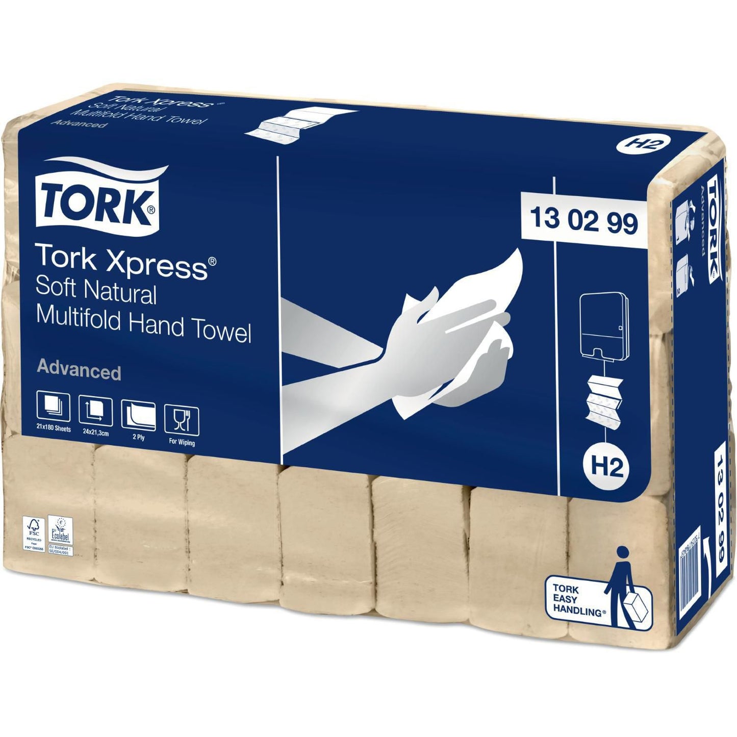 Håndklædeark Tork Advanced H2 Z-Fold 2-lag L24xB21.3xD8cm Genbrug Natur,21 pk x 180 ark/krt