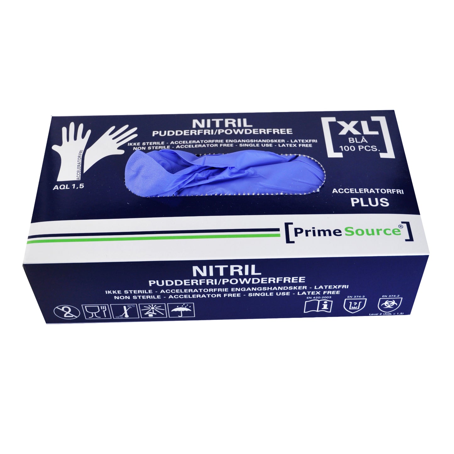 Engangshandske, XL, Blå, nitril, pudderfri (100stk) Primesource ( Acceleratorfri )