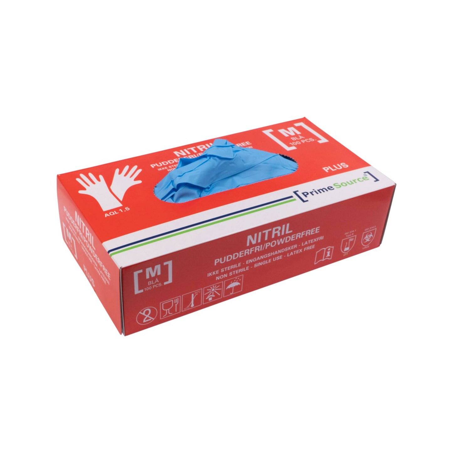 Handske Engangs Prime Source PLUS str M Nitril uden Pudder Blå AQL 1.5,100 stk/pk