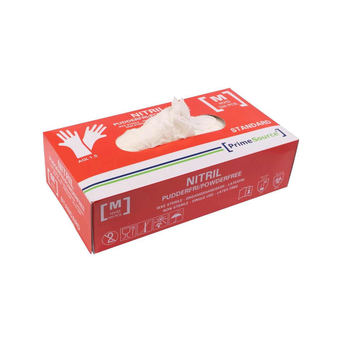 Handske Engangs Prime Source STANDARD str M Nitril uden Pudder Hvid AQL 1.5,100 stk/pk