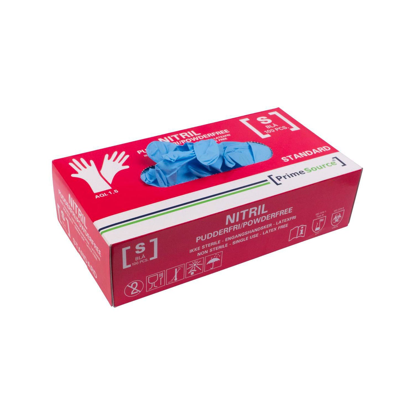 Handske Engangs Prime Source STANDARD str S Nitril uden Pudder Blå AQL 1.5,100 stk/pk