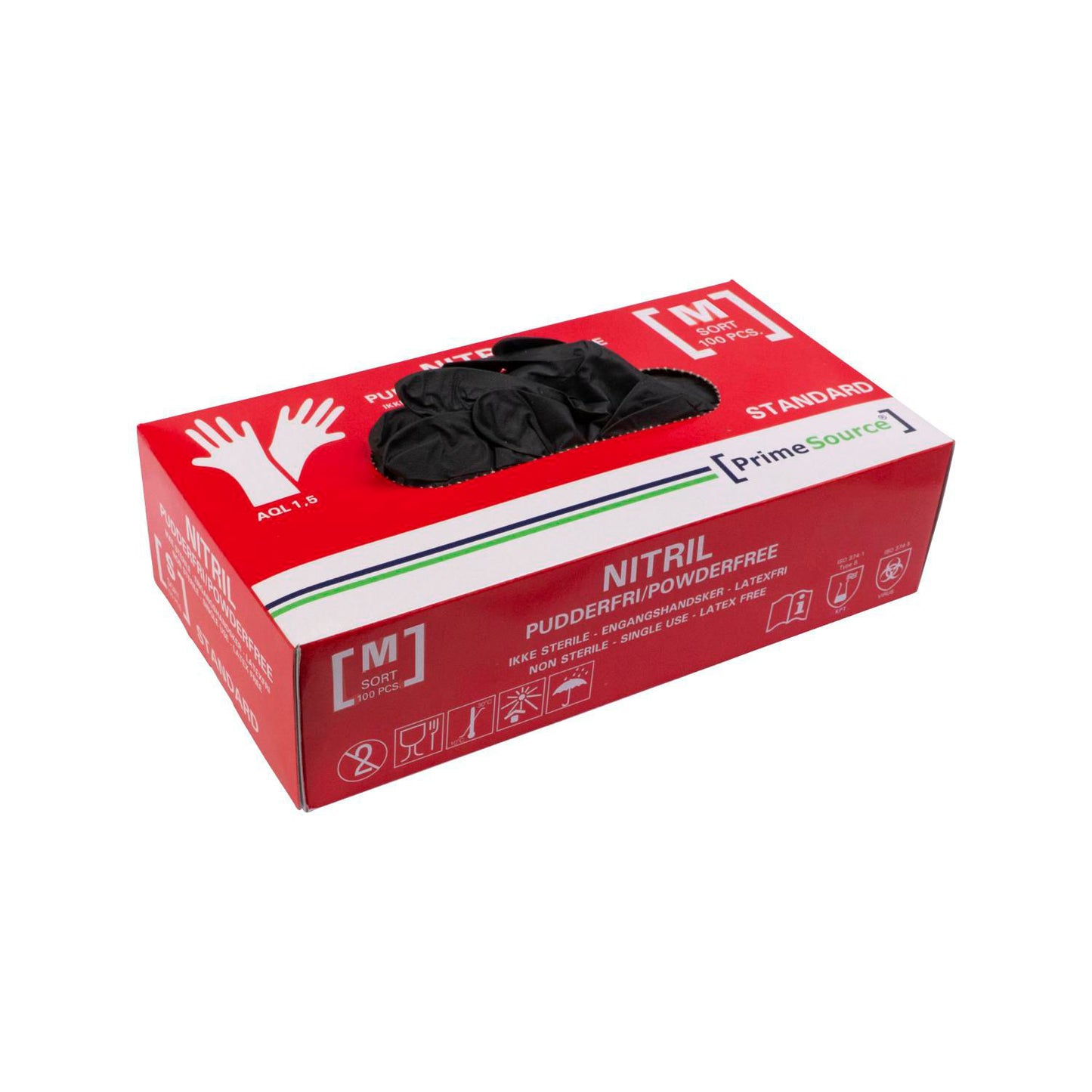Handske Engangs Prime Source STANDARD str M Nitril uden Pudder Sort AQL 1.5,100 stk/pk