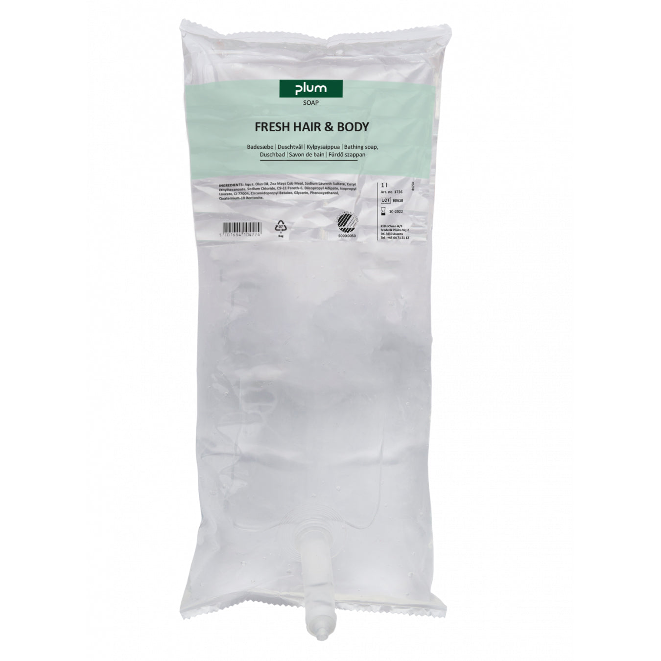 Shampoo Plum Fresh Hair & Body 1ltr Svanemærket m. Citrusduft til CombiPlum Disp,6 fl x 1 ltr/krt