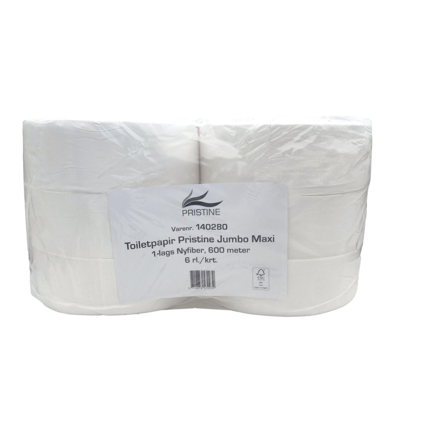 Toiletpapir Pristine Jumbo Maxi 1-lag Ø27cm L600mxB9.1cm Nyfiber Hvid,6 rl/krt
