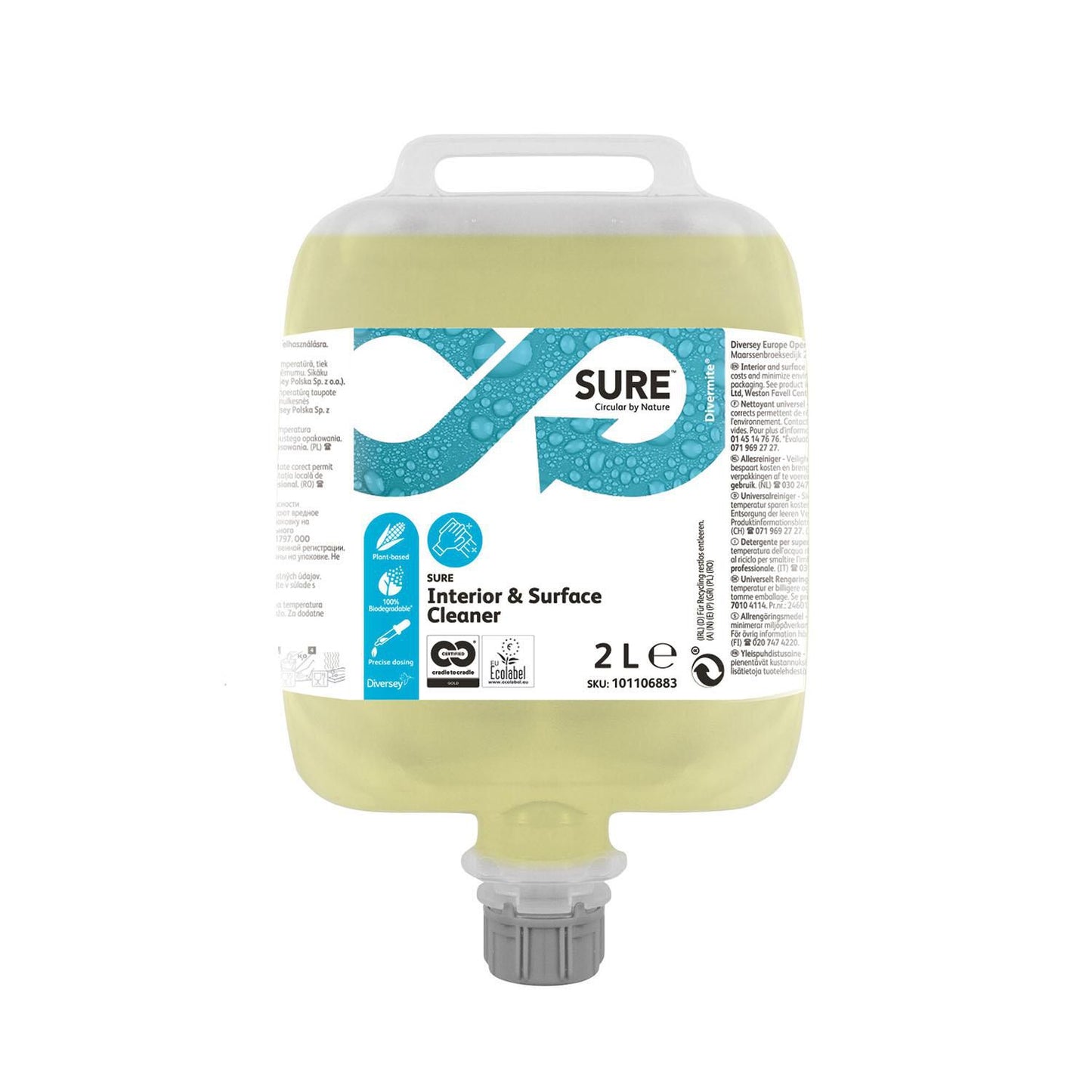 Universalrengøring SURE Interior&Surface DVM u farve/parfum Ecolabel 2 ltr,3 dnk/krt