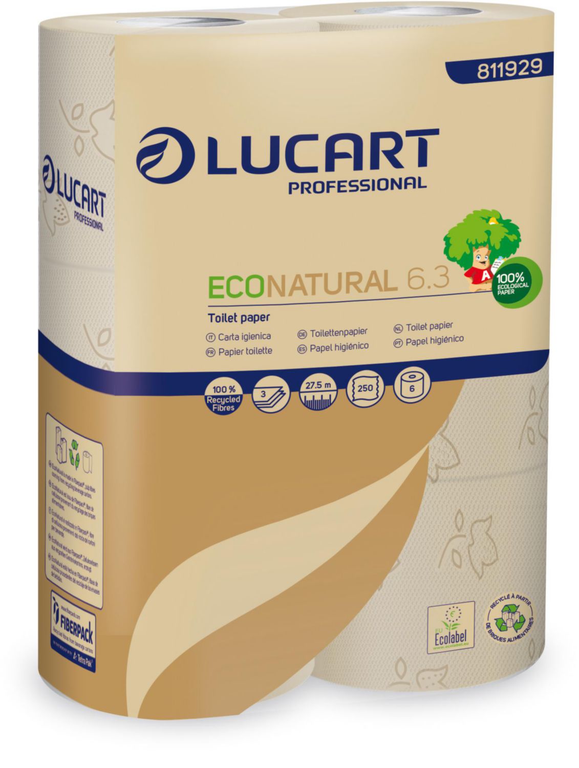 Toiletpapir Lucart Professional Econatural 6,3 Ø12.0cmx27,5m 3-lags med hylse,5 pk x 6 stk/krt