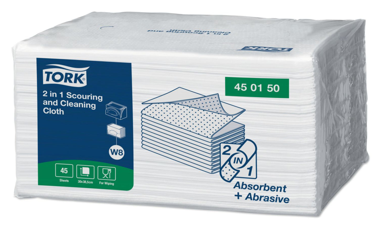 Aftørrings- & skureklud Tork 2-i-1 W8 L38.5xB30cm Papir 1-lag Hvid,8 pk x 45 stk/krt