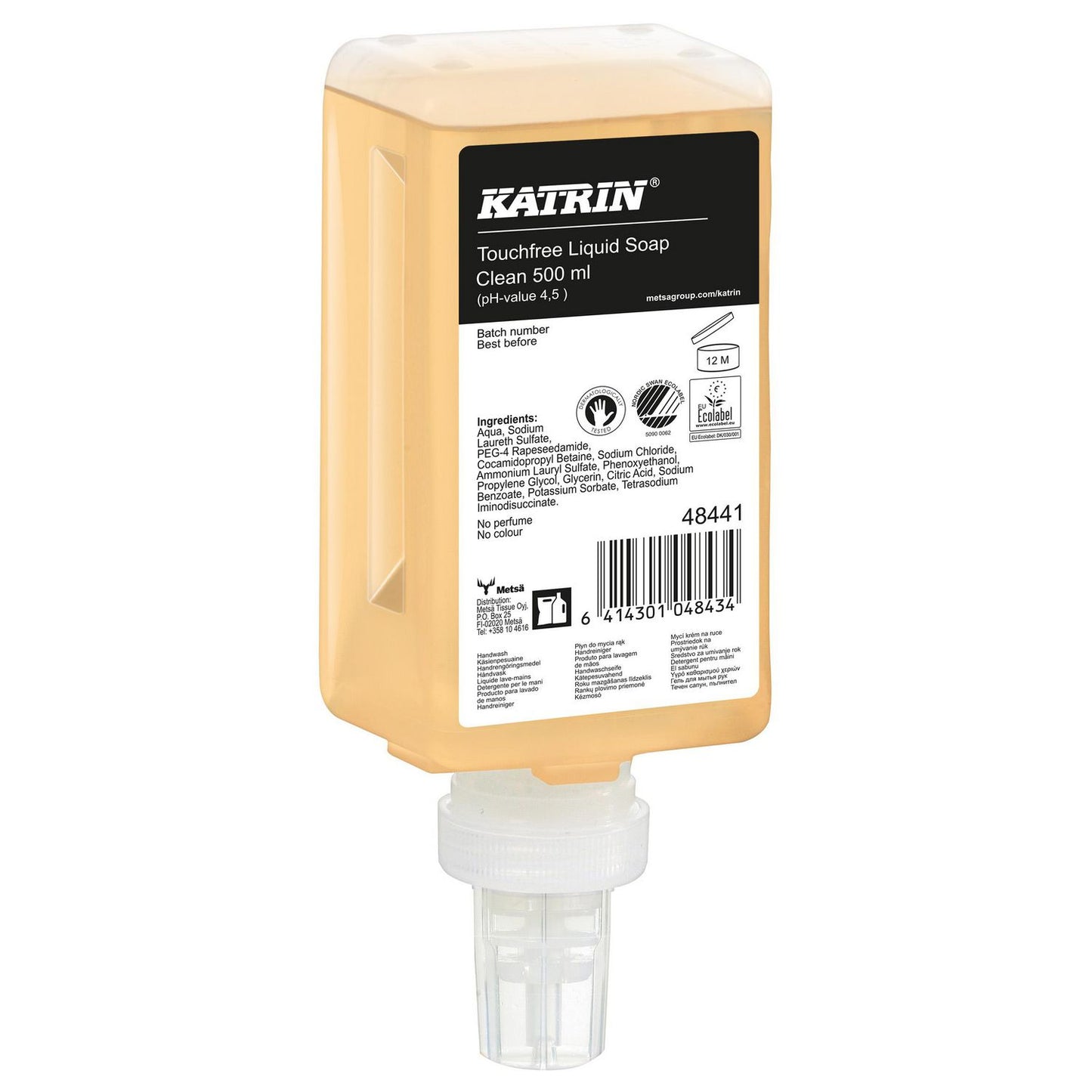 Sæbe Katrin Flydende Neutral 500ml uden farve/parfume Touchfree Klar,500ml x 12 fl/krt