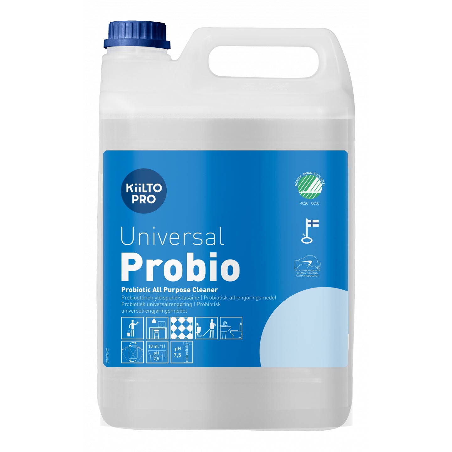 Universalrengøring Kiilto Pro Universal Probio 5ltr RHDPE Svanemærket Probiotisk,3 dnk x 5 ltr/krt