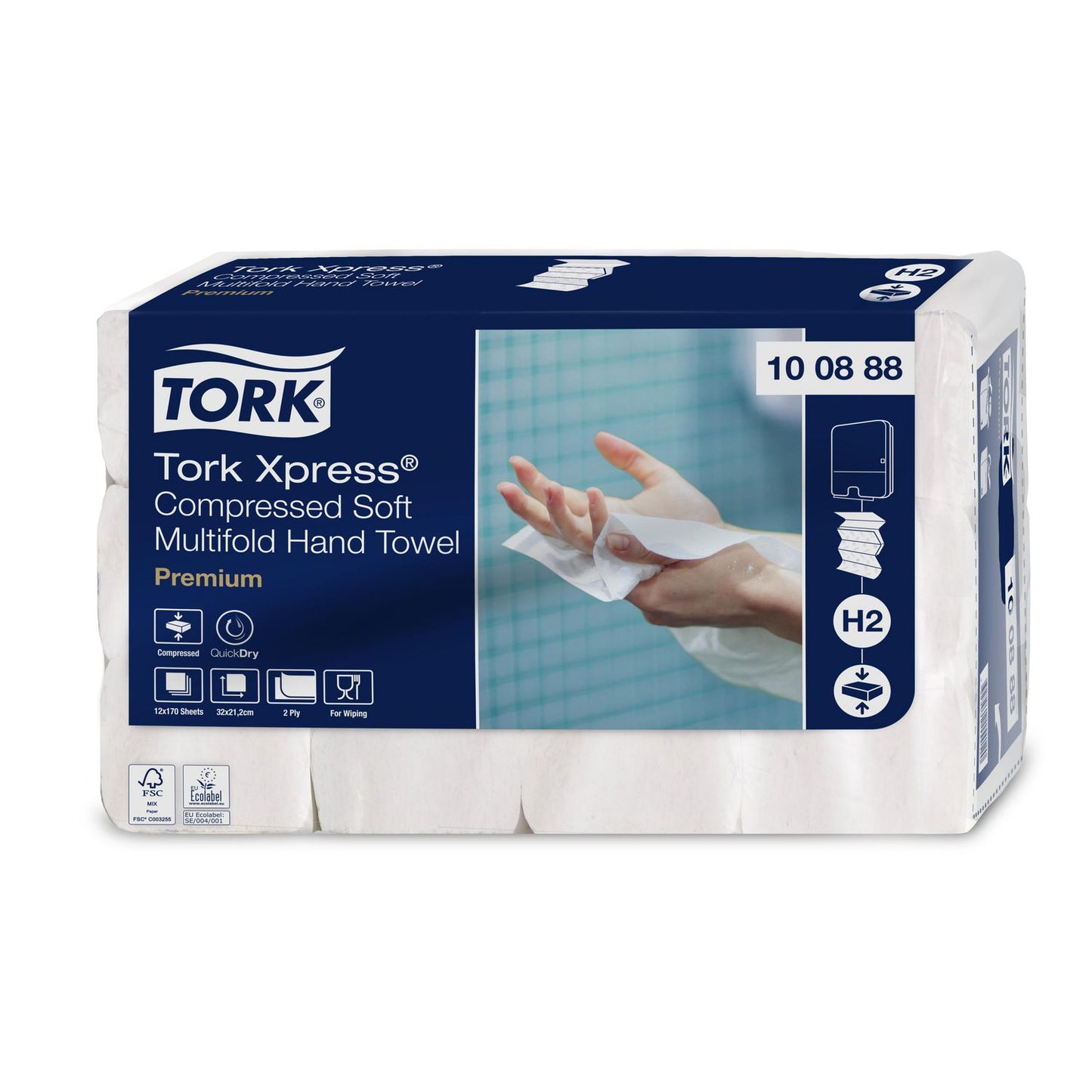 Håndklædeark Tork Premium H2 M-Fold 2-lag kompr. L32xB21.2xD8cm Nyfiber Hvid,12 pk x 170 stk x 1 stk/krt