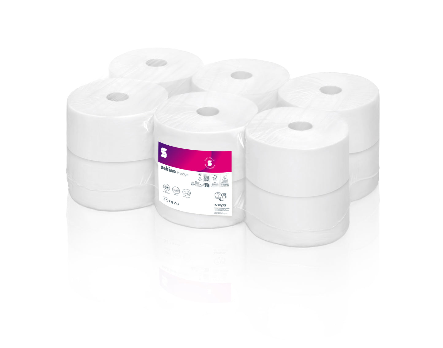 Toiletpapir Satino Prestige 2-lag L120mxB9.2cmxH25cm Nyfiber Hvid,12 rl/sæk