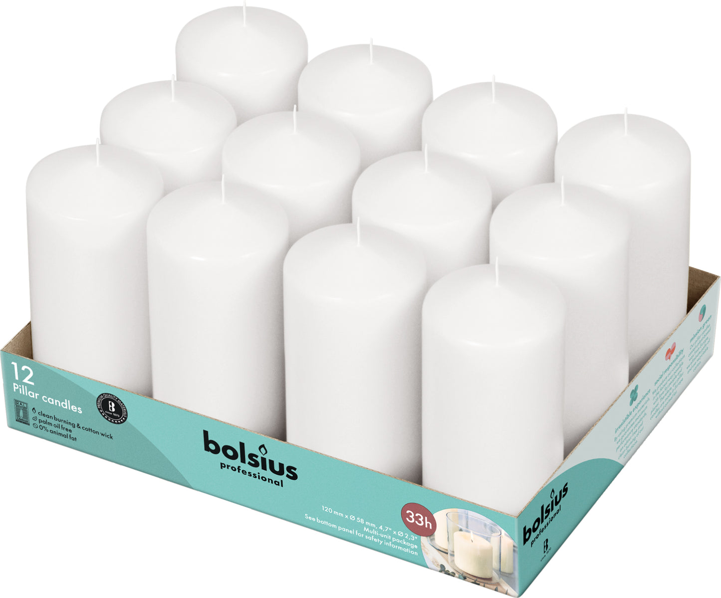 Bloklys Bolsius Brændetid 33 Timer Ø60xH120mm Hvid,12 stk/krt