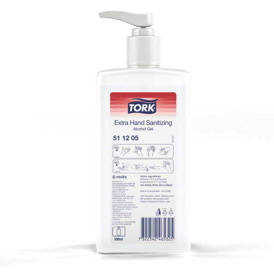 Hånddesinfektion Tork Gel Extra Hand Sanitizing 500ml med Alkohol/Pumpe,8 fl x 500 ml/krt
