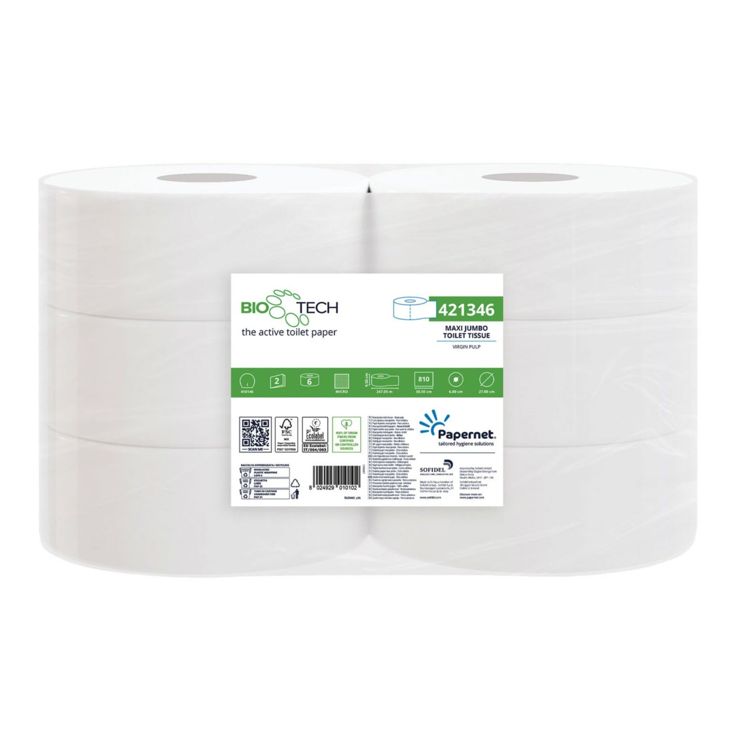 Toiletpapir Papernet Jumbo Maxi Biotech 2-lag Ø27cm L247mxB9.5cm Nyfiber Hvid,6 rl/sæk