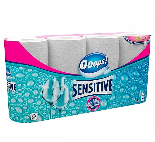 Køkkenrulle Ooops Sensitive 2-lags Ø10.6cm L10mxB22.7cm Nyfiber Hvid,12 pk x 4 stk/krt