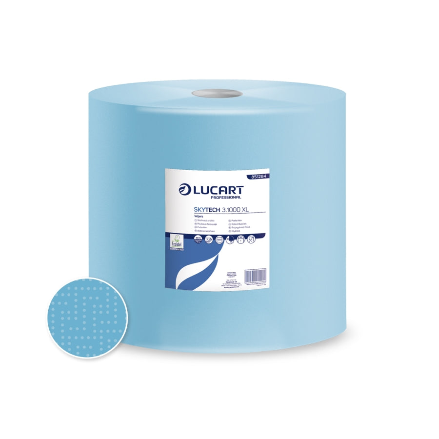 Aftørringsrulle Industri Lucart SkyTech XL 3-lag Ø37.5cm B36cmxL360m Genbrug Blå,1 rl/sæk