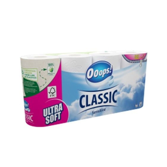 Toiletpapir Ooops! Classic Sensitive 3-lags Ø10.6cm L15.8mxB9.3cm Nyfiber Hvid,6 pk x 8 rl x 1 stk/krt